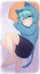 Rule 34 | 1boy, animal ears, barefoot, black shorts, blue eyes, blue hair, blue hoodie, blurry, catsuit, child, commentary, fake animal ears, fake tail, fetal position, half-closed eyes, highres, hood, hoodie, legs, looking at viewer, male focus, original, os (os fresa), rubbing eyes, shorts, sleepy, solo, souta (os), symbol-only commentary, tail