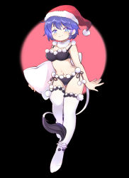 Rule 34 | 1girl, alternate costume, black background, black bra, black panties, blue eyes, blue hair, blush, bra, breasts, cleavage, doremy sweet, full body, hat, highres, holding, holding pillow, looking at viewer, matching hair/eyes, navel, nightcap, panties, pillow, pom pom (clothes), short hair, siam (meow13), side-tie panties, smile, solo, tail, tapir tail, thigh gap, thighhighs, touhou, underwear, underwear only, white thighhighs
