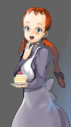 Rule 34 | 1girl, 2017, anne of green gables, anne shirley, apron, blue eyes, braid, cake, child, food, freckles, highres, plate, r-tari, red hair, smile, solo, twin braids