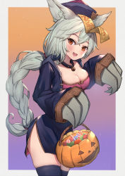 Rule 34 | 1girl, :d, animal ear fluff, animal ears, black dress, black thighhighs, blush, braid, breasts, brown eyes, candy, candy cane, claw (weapon), cleavage, dress, erune, fang, food, granblue fantasy, grey hair, hair between eyes, halloween bucket, hat, highres, holding, jiangshi costume, lollipop, long hair, long sleeves, medium breasts, ofuda, open mouth, qingdai guanmao, red hat, sen (granblue fantasy), single braid, sleeves past fingers, sleeves past wrists, smile, solo, thighhighs, uneg, very long hair, weapon