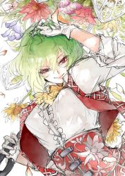 Rule 34 | 1girl, ascot, corset, floral background, floral print, flower, fujinohara akihira, gloves, green hair, hand in own hair, kazami yuuka, looking at viewer, parasol, plaid, plaid vest, red eyes, shirt, short hair, sleeves rolled up, smile, solo, sunflower, touhou, umbrella, vest, white gloves