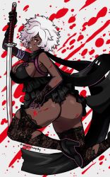Rule 34 | 1girl, abstract background, afro, ass, bandages, blood, brown eyes, d-ryuu, dark skin, dark-skinned female, fingerless gloves, floral print, gloves, grey background, high heels, katana, lipstick, looking back, makeup, no more heroes, no more heroes 2, ruffled shirt, scarf, shinobu jacobs, solo, sword, thighhighs, weapon, white hair, white lips