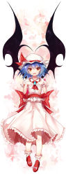 Rule 34 | 1girl, absurdres, ascot, bat wings, black wings, blue hair, bow, brooch, efe, fang, footwear bow, frilled shirt, frills, full body, hand up, hat, hat ribbon, highres, jewelry, looking at viewer, medium hair, mob cap, open mouth, pink shirt, pink skirt, puffy short sleeves, puffy sleeves, red ascot, red eyes, red footwear, red ribbon, remilia scarlet, ribbon, sash, shirt, shoes, short sleeves, skirt, skirt set, smile, socks, solo, touhou, white background, white hat, white socks, wings, wrist cuffs