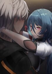 Rule 34 | 1boy, 1girl, absurdres, black jacket, blue hair, breasts, caelus (honkai: star rail), closed mouth, commentary, english commentary, grey hair, hair between eyes, hans-kun, highres, honkai: star rail, honkai (series), hug, jacket, large breasts, long hair, looking at another, mole, mole under mouth, natasha (honkai: star rail), ponytail, purple eyes, short hair, short sleeves, smile, sweat, trailblazer (honkai: star rail)