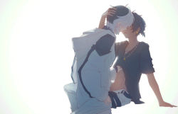 Rule 34 | 2boys, abs, arknights, arm support, black hair, black shirt, blurry, coat, commentary request, dark-skinned male, dark skin, depth of field, earrings, elysium (arknights), feather hair, hand on another&#039;s head, hand on another&#039;s stomach, highres, hood, hooded coat, imminent kiss, jewelry, long sleeves, male focus, multiple boys, necklace, open fly, pants, parted lips, shirt, short ponytail, short sleeves, simple background, sleeves past wrists, soft focus, t-shirt, thorns (arknights), white background, white coat, white hair, white pants, yaoi, yuzuriha (ryami)