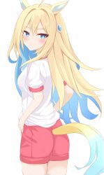 Rule 34 | 1girl, absurdres, ahoge, alternate costume, animal ears, ass, blue eyes, blush, breasts, commentary request, from behind, gym uniform, hair ornament, hands on own hips, highres, horse ears, horse girl, kudo (user dzch8572), long hair, looking at viewer, medium breasts, multicolored hair, neo universe (umamusume), shorts, simple background, solo, tracen training uniform, two-tone hair, umamusume, white background