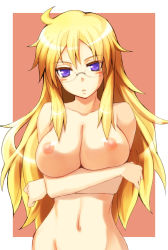 Rule 34 | 10s, 1girl, bad id, bad pixiv id, ben-tou, blonde hair, blue eyes, breasts, crossed arms, glasses, large breasts, long hair, md5 mismatch, navel, nipples, nogi yasuhito, nude, shaga ayame, simple background, solo