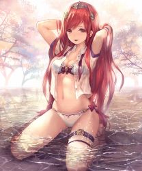 Rule 34 | 10s, 1girl, :p, absurdres, arms up, arriet (shingeki no bahamut), bikini, breasts, brown eyes, cleavage, granblue fantasy, hair ornament, highres, kneeling, medium breasts, navel, outdoors, partially submerged, red hair, shingeki no bahamut, sidelocks, single thighhigh, solo, striped bikini, striped clothes, swimsuit, tachikawa mushimaro, thigh strap, thighhighs, tongue, tongue out, vertical-striped bikini, vertical-striped clothes, white bikini, white thighhighs, wristband