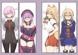 Rule 34 | 4girls, ahoge, artoria pendragon (fate), ass, belt, belt skirt, black-framed eyewear, blonde hair, blue skirt, blush, braid, breasts, breasts squeezed together, cellphone, coat, cup, detached collar, detached sleeves, dress, drinking glass, duffel coat, fate/grand order, fate (series), fox tail, french braid, from behind, garter straps, hair between eyes, hair over one eye, hat, heart, helena blavatsky (fate), helena blavatsky (third ascension) (fate), hip vent, index finger raised, juice box, large breasts, lockheart, long hair, looking at viewer, looking back, mash kyrielight, multiple girls, mysterious heroine x alter (fate), mysterious heroine x alter (first ascension) (fate), necktie, nose blush, open clothes, open coat, open mouth, pantyhose, phone, plaid, plaid scarf, purple eyes, purple hair, purple legwear, red neckwear, red scarf, scarf, school uniform, semi-rimless eyewear, short hair, skirt, smartphone, smile, spoken blush, spoken heart, strapless, strapless dress, suzuka gozen (fate), tail, thighhighs, under-rim eyewear, yellow eyes