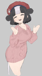 Rule 34 | 1girl, :d, ^ ^, alternate costume, animal ears, aran sweater, bad id, bad pixiv id, black hair, blunt bangs, breasts, cable knit, closed eyes, collarbone, cow ears, cowboy shot, cropped legs, extra ears, facing viewer, grey background, hat, highres, holstein friesian cattle (kemono friends), kemono friends, kona ming, large breasts, long sleeves, multicolored hair, open mouth, pink sweater, red hat, round teeth, short hair, simple background, smile, solo, sweater, tail, teeth, two-tone hair, upper teeth only, white hair