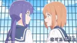 2girls anime_screenshot blue_eyes blue_hair eye_contact koisuru_asteroid konohata_mira long_hair long_sleeves looking_at_another manaka_ao multiple_girls official_art orange_eyes orange_hair outdoors school_uniform short_hair twintails