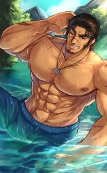 Rule 34 | 1boy, abs, absurdres, bara, blue pants, brown hair, dated, day, facial hair, grin, highres, jewelry, kageru (mofnyan), large pectorals, male focus, mature male, muscular, muscular male, necklace, nipples, original, outdoors, pants, pectorals, scar, scar on arm, scar on face, smile, solo, water, wet