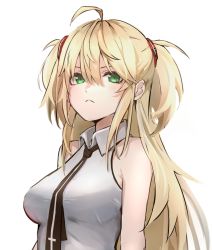 Rule 34 | 1girl, admiral hipper (azur lane), admiral hipper (muse) (azur lane), ahoge, azur lane, bare shoulders, black necktie, blonde hair, breasts, closed mouth, collar, collared shirt, cross, green eyes, hair between eyes, long hair, looking at viewer, medium breasts, mole, mole under eye, necktie, official alternate costume, shirt, sidelocks, simple background, sleeveless, sleeveless shirt, solo, two side up, upper body, white background, white shirt, yuedengyuhao