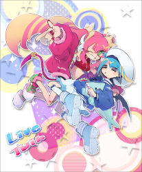 Rule 34 | 2girls, bike shorts, blue hair, blue jacket, bright pupils, dress, duel monster, grin, hat, highres, holding, holding stuffed toy, jacket, ki-sikil (yu-gi-oh!), kneehighs, lil-la (yu-gi-oh!), live twin ki-sikil, live twin lil-la, long hair, mizukusa mimizu, multicolored eyes, multicolored hair, multiple girls, one eye closed, open clothes, open jacket, outstretched arm, parted lips, pink hair, purple eyes, shoes, smile, socks, streaked hair, stuffed toy, tail, teeth, twintails, white pupils, wings, yu-gi-oh!