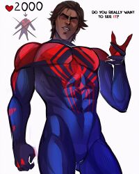 Rule 34 | 1boy, abs, animal print, blue bodysuit, bodysuit, brown hair, bulge, chromatic aberration, commentary, dark-skinned male, dark skin, english commentary, english text, fangs, grin, hand up, highres, looking at viewer, male focus, marvel, mature male, meme, miguel o&#039;hara, muscular, muscular male, pectorals, red bodysuit, red eyes, short hair, simple background, skin tight, smile, sofit, solo, spider-man: across the spider-verse, spider-man (2099), spider-man (series), spider-verse, spider print, standing, thick eyebrows, twitter strip game (meme), two-tone bodysuit, white background