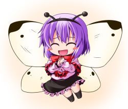 Rule 34 | 1girl, :d, ^ ^, antennae, blush stickers, bow, butterfly wings, capelet, chibi, closed eyes, female focus, hairband, ichimi, insect wings, nagae iku, open mouth, purple hair, shirt, short hair, skirt, smile, solo, touhou, wings