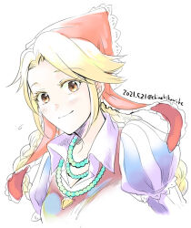 Rule 34 | 1girl, blonde hair, bonnet, braid, breasts, brown eyes, chimaki (impressiveanarchy), closed mouth, cordelia (saga), dated, dress, head scarf, long hair, looking at viewer, medium breasts, puffy sleeves, saga, saga frontier 2, simple background, smile, solo, striped, twin braids, white background