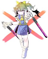 Rule 34 | 1girl, absurdres, ascot, black shorts, bow, closed eyes, closed mouth, commentary request, cookie (touhou), daiyousei, diyusi (cookie), dress, flat chest, frown, full body, gloves, green hair, hair between eyes, hair bow, high-visibility vest, high ponytail, highres, long bangs, long hair, no shoes, offside: diyusi, pale skin, pinafore dress, shirt, shorts, shorts under dress, simple background, sleeveless, sleeveless dress, socks, solo, sznkrs, touhou, traffic baton, v-shaped eyebrows, white background, white dress, white gloves, white shirt, white socks, yellow ascot, yellow bow