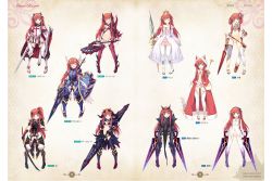 Rule 34 | 1girl, animal hood, braid, character name, dungeon travelers 2, full body, hand on own hip, head wings, highres, holding, holding sword, holding weapon, hood, leotard, multiple views, official art, page number, pelvic curtain, scan, simple background, sword, thighhighs, weapon, wings