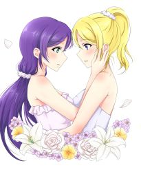 Rule 34 | 2girls, arm around waist, ayase eli, bare shoulders, blonde hair, blue eyes, blush, breast press, breasts, commentary request, dress, flower, green eyes, hand on another&#039;s cheek, hand on another&#039;s face, high ponytail, highres, long hair, looking at another, love live!, love live! school idol project, medium breasts, multiple girls, ponytail, profile, purple hair, satoharu, scrunchie, simple background, symmetrical docking, tojo nozomi, upper body, wedding, wedding dress, white dress, white flower, white scrunchie, wife and wife, yuri