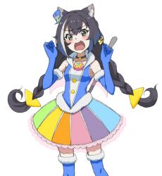 Rule 34 | 1girl, animal ears, black choker, black hair, blue gloves, blue hat, blue thighhighs, blush, braid, cat ears, cat girl, cat tail, choker, commentary, cosplay, cowboy shot, cure cosmo, cure cosmo (cosplay), dress, elbow gloves, fang, frown, fur-trimmed thighhighs, fur trim, gloves, green eyes, hair ornament, hat, jewelry, karyl (princess connect!), kayabakoro, long hair, looking at viewer, low twin braids, low twintails, magical girl, mini hat, mini top hat, multicolored clothes, multicolored dress, multicolored hair, open mouth, over-kneehighs, pendant, precure, princess connect!, short dress, simple background, sleeveless, sleeveless dress, solo, standing, star (symbol), star hair ornament, star twinkle precure, streaked hair, tail, thighhighs, tilted headwear, top hat, twin braids, twintails, w arms, white background, white hair