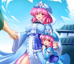 Rule 34 | 2girls, age difference, bad id, bad pixiv id, breasts, castle, child, cloud, day, female focus, holding hands, hat, japanese clothes, ko-yuyuko (shin&#039;en), konpaku youki, large breasts, mother and daughter, multiple girls, own hands together, pink hair, red eyes, saigyouji yuyuko, shin&#039;en-san (shin&#039;en), shin&#039;en (gyokuro company), short hair, sky, smile, time paradox, touhou, triangular headpiece, aged down