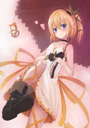 Rule 34 | 10s, 1girl, black neckwear, blonde hair, blue eyes, blush, boots, bow, choker, collarbone, dress, edna (tales), gloves, hair bow, heart, highres, leg ribbon, leg up, normin (tales), parasol, pi-pie, ribbon, side ponytail, single glove, smile, solo, tales of (series), tales of zestiria, umbrella