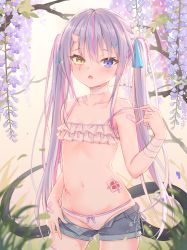 Rule 34 | 1girl, bandages, bandaged arm, bandages, bandaid, bare shoulders, bikini, blue eyes, bruise, choker, collarbone, cowboy shot, flat chest, flower, frills, grey shorts, hair ornament, hair ribbon, hand up, heartsix, heterochromia, highres, horns, injury, long hair, looking at viewer, micro shorts, multicolored hair, navel, open fly, original, parted lips, purple flower, ribbon, scar, scar across eye, scar on face, shorts, silver hair, single horn, solo, spaghetti strap, standing, stomach, strap pull, streaked hair, swimsuit, tail, tree, twintails, very long hair, white bikini, white choker, wisteria, x hair ornament, yellow eyes