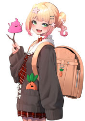 Rule 34 | 1girl, :d, absurdres, backpack, bag, black sweater, blonde hair, blush, branch, commentary request, fang, flower, gradient hair, green eyes, hair flower, hair ornament, hairclip, highres, holding, holding branch, hololive, long sleeves, looking at viewer, mikan (chipstar182), momosuzu nene, momosuzu nene (casual), multicolored hair, neckerchief, nekko (momosuzu nene), open mouth, pink hair, plaid, plaid neckerchief, plaid skirt, pleated skirt, poop on a stick, red neckerchief, red skirt, side ponytail, skirt, sleeves past fingers, sleeves past wrists, smile, solo, sweater, v-shaped eyebrows, virtual youtuber