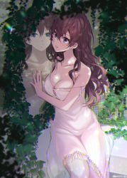 Rule 34 | blue eyes, blurry, breasts, brown hair, chromatic aberration, cleavage, collarbone, depth of field, different reflection, dress, hair between eyes, hair down, highres, ichinose shiki, idolmaster, idolmaster cinderella girls, idolmaster cinderella girls starlight stage, ivy, lens flare, long hair, looking to the side, medium breasts, mizuki makoto, nail polish, off shoulder, parted lips, plant, reflection, sitting, solo, strap slip, sundress, tied dress, wavy hair, white dress