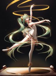 Rule 34 | 1girl, :d, absurdres, arm up, armlet, black background, bracelet, choker, dancing, dress, floating hair, full body, green eyes, green hair, hair ornament, hatsune miku, highres, jewelry, long hair, looking at viewer, miku symphony (vocaloid), open mouth, ribbon, rufe 0v0, short dress, sky, sleeveless, sleeveless dress, smile, solo, standing, standing on one leg, star (sky), starry sky, thighhighs, twintails, very long hair, vocaloid, white dress, white thighhighs, yellow ribbon, zettai ryouiki