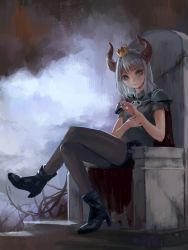 Rule 34 | 1girl, absurdres, armor, bad id, bad twitter id, bare arms, black footwear, blue eyes, boots, closed mouth, crossed legs, crown, grey background, grey hair, grey pantyhose, high heel boots, high heels, highres, horns, jewelry, medium hair, mini crown, necklace, original, pantyhose, pauldrons, shoulder armor, sitting, skull necklace, solo, throne, treeware