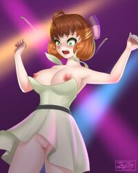 Rule 34 | 1girl, absurdres, android, armpits, arms up, artist logo, artist name, blush, bottomless, bow, breasts, breasts out, bursting breasts, cleft of venus, clothes lift, dress, embarrassed, flying button, green dress, green eyes, hair ornament, highres, jay156, large breasts, multicolored background, nipples, no bra, orange hair, pale skin, penny polendina, popped button, pussy, robot, roosterteeth, rwby, see-through, see-through dress, skirt, skirt lift, wardrobe malfunction