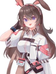 Rule 34 | 1girl, :p, animal ears, april (arknights), arknights, black bag, black gloves, black wristband, blouse, blue eyes, breasts, brown hair, collared shirt, fingerless gloves, gloves, headphones, highres, id card, implied extra ears, infection monitor (arknights), lierenfelon, long hair, looking at viewer, medium breasts, pouch, rabbit ears, shirt, short sleeves, simple background, solo, tongue, tongue out, upper body, white background, white shirt