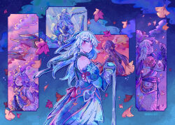 Rule 34 | 2girls, 3boys, :d, armor, armored gloves, artist name, autumn leaves, bailu (honkai: star rail), blade (honkai: star rail), blue background, blue dress, blue hair, blush, braid, closed eyes, closed mouth, cloud, cowboy shot, dan feng (honkai: star rail), dan heng (honkai: star rail), dan heng (imbibitor lunae) (honkai: star rail), detached sleeves, dress, earrings, falling leaves, flower, from side, gloves, gourd, hair ribbon, high-low skirt, holding, holding blindfold, holding polearm, holding weapon, honkai: star rail, honkai (series), hood, hooded jacket, horns, jacket, jewelry, jing yuan, jingliu (honkai: star rail), leaf, long hair, long sleeves, lunacias, mullet, multiple boys, multiple girls, open mouth, outstretched arms, parted hair, pauldrons, polearm, ponytail, profile, purple hair, purple horns, red eyes, red ribbon, ribbon, short hair, shoulder armor, smile, spacecraft, statue, twin braids, very long hair, weapon, white dress, white jacket, wide sleeves