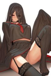 Rule 34 | 1girl, arms behind back, black hair, black shirt, black thighhighs, blue archive, blush, breasts, chela77, choker, closed mouth, eyes visible through hair, garter straps, hair over one eye, hasumi (blue archive), highres, knee up, large breasts, long hair, long sleeves, looking at viewer, low wings, mole, mole under eye, necktie, panties, pleated skirt, red eyes, red necktie, school uniform, shirt, simple background, sitting, skirt, solo, thighhighs, thighs, underwear, uniform, white background, wings