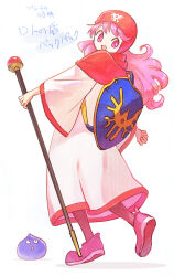 Rule 34 | 1girl, backpack, bag, curly hair, dragon quest, dragon quest ii, full body, holding, holding staff, hood, long sleeves, looking at another, looking back, looking up, monster, open mouth, pink eyes, pink footwear, princess, princess of moonbrook, purple hair, red headwear, red hood, robe, shield, shield on back, shoes, slime (dragon quest), smile, sneakers, socks, staff, standing, standing on one leg, translation request, white background, white robe, wide sleeves, yuza
