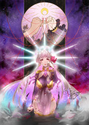 Rule 34 | 1girl, absurdres, armlet, armor, baichen1998, bare shoulders, bikini armor, blush, bracelet, breasts, closed mouth, collar, covered navel, crescent moon, detached sleeves, dress, earrings, fate/grand order, fate (series), floral print, hair ribbon, halo, highres, jewelry, kama (beast iii/l) (fate), kama (fate), kama (second ascension) (fate), kama (third ascension) (fate), large breasts, long hair, looking at viewer, metal collar, moon, pelvic curtain, petals, pink ribbon, pinky swear, purple dress, purple sleeves, red eyes, red ribbon, ribbon, ring, silver hair, sky, star (sky), starry sky, tears, thighlet, thighs, wading, water