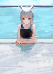 Rule 34 | 1girl, animal ear fluff, animal ears, asymmetrical hair, bare shoulders, blue archive, blue eyes, closed mouth, collarbone, commentary request, competition swimsuit, cross hair ornament, crossed arms, expressionless, extra ears, green hair, grey hair, hair ornament, highres, ichika (ichika87), long hair, looking at viewer, mismatched pupils, one-piece swimsuit, partially submerged, pool, poolside, revision, shiroko (blue archive), shiroko (swimsuit) (blue archive), single sidelock, solo, swimsuit, tile floor, tiles, water