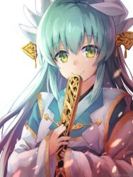 Rule 34 | 1girl, artist name, backlighting, c:, closed mouth, fate/grand order, fate (series), folding fan, green hair, hair between eyes, hand fan, highres, holding, holding fan, horns, japanese clothes, kiyohime (fate), long hair, looking at viewer, nonono (nononotea), sidelocks, signature, simple background, smile, solo, upper body, white background, yellow eyes