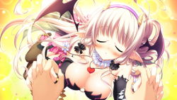 Rule 34 | 1girl, animal, blonde hair, breasts, cleavage, closed eyes, game cg, horns, julia lin road, long hair, magical marriage lunatics!!, o-ring, o-ring top, pointy ears, thighhighs, yamakaze ran