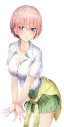 Rule 34 | 1girl, absurdres, blue eyes, blush, breasts, cleavage, closed mouth, clothes around waist, collared shirt, cowboy shot, earrings, eyebrows hidden by hair, go-toubun no hanayome, green skirt, hair between eyes, highres, jewelry, large breasts, looking at viewer, nakano ichika, pink hair, pleated skirt, school uniform, shirt, short hair, simple background, skirt, solo, sweater, sweater around waist, white background, white shirt, yellow sweater, yuunamida uyu