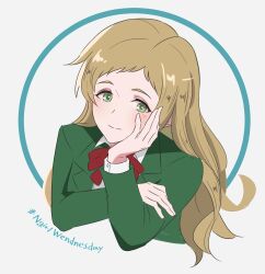 Rule 34 | 1girl, aizawa yuu (love live!), blush, bow, bowtie, collared shirt, crossed arms, english text, green eyes, green jacket, hand on own cheek, hand on own face, hashtag, hashtag-only commentary, head on hand, head rest, heichi, highres, jacket, light brown hair, light smile, long hair, love live!, love live! school idol festival, red bow, school uniform, shirt, solo, typo, upper body, wavy hair, white shirt