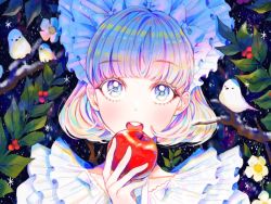 Rule 34 | 1girl, 43 pon, animal, apple, bird, blue eyes, blunt bangs, braid, branch, commentary, food, fruit, hairband, headdress, holding, holding food, holding fruit, holly, lolita fashion, lolita hairband, looking at viewer, multicolored hair, open mouth, original, portrait, short hair, snow, solo, symbol-only commentary
