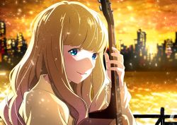 Rule 34 | 1girl, acoustic guitar, backlighting, bad id, bad pixiv id, blonde hair, blue eyes, blunt bangs, blurry, blurry background, bouquetforangel, building, carole &amp; tuesday, city, city lights, cityscape, close-up, closed mouth, cloud, cloudy sky, curly hair, dark sky, eyelashes, fence, fingernails, freckles, frilled sleeves, frills, glowing, gradient sky, guitar, happy, high collar, highres, holding, holding instrument, instrument, light particles, long hair, looking at viewer, looking to the side, orange sky, outdoors, river, shaded face, sky, sleeves past wrists, smile, solo, sparkle, sunlight, sunset, tareme, tuesday simmons, upper body, water, yellow sky