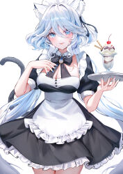 Rule 34 | 1girl, :p, absurdres, alternate costume, animal ear fluff, animal ears, apron, black bow, black bowtie, black dress, blue eyes, blue hair, blue nails, blush, bow, bowtie, breasts, cat ears, cat tail, cleavage, closed mouth, collar, commentary, dasha, detached collar, dress, drop-shaped pupils, english commentary, enmaided, food, frilled apron, frilled dress, frills, furina (genshin impact), genshin impact, hair between eyes, highres, holding, holding tray, large breasts, light blue hair, long hair, looking at viewer, maid, maid apron, mismatched pupils, short sleeves, simple background, solo, symbol-shaped pupils, tail, tongue, tongue out, tray, twintails, white background, white collar
