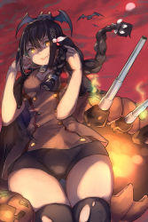 Rule 34 | 1girl, azur lane, bat (animal), bike shorts, black hair, black thighhighs, braid, capelet, chinese commentary, feather hair ornament, feathers, fingernails, glowing, glowing eyes, gluteal fold, hair ornament, hands up, highres, jack-o&#039;-lantern, jacket, lips, long hair, looking at viewer, looking down, moon, mou zhi pingguo, night, parted lips, red moon, red sky, signature, skindentation, sky, solo, south dakota (azur lane), thighhighs, thighs, turret