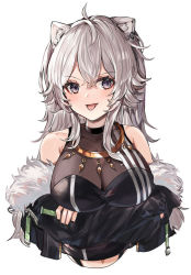 Rule 34 | 1girl, ahoge, animal ear fluff, animal ears, appleseed (appleseed art), arms under breasts, bare shoulders, black jacket, black nails, black shirt, breasts, cleavage, crossed arms, ear piercing, fur-trimmed jacket, fur trim, grey eyes, grey hair, hair between eyes, hololive, jacket, jewelry, large breasts, lion ears, long hair, looking at viewer, nail polish, necklace, piercing, see-through, see-through cleavage, shirt, shishiro botan, shishiro botan (1st costume), simple background, sleeveless, sleeveless shirt, solo, thighhighs, tongue, tongue out, upper body, virtual youtuber, white background