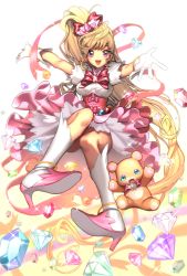 Rule 34 | 1girl, asahina mirai, bad id, bad pixiv id, bear, blonde hair, boots, bow, creature, cure miracle, diamond (gemstone), full body, gem, gloves, hair bow, hat, knee boots, long hair, looking at viewer, magical girl, mahou girls precure!, mini hat, mini witch hat, mofurun (mahou girls precure!), outstretched arms, pink hat, pink ribbon, pink skirt, ponytail, precure, purple eyes, red bow, ribbon, skirt, smile, spread arms, wadani hitonori, white footwear, white gloves, witch hat