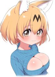 Rule 34 | 1girl, alternate costume, animal ear fluff, animal ears, blonde hair, blush, breasts, cleavage, cleavage cutout, clothing cutout, cropped torso, extra ears, highres, kemono friends, large breasts, light smile, looking at viewer, meme attire, open-chest sweater, ransusan, serval (kemono friends), short hair, simple background, solo, sweater, tareme, upper body, white background, yellow eyes